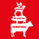 Illustration représentant une vache, un cochon, une chèvre et un poulet empilés verticalement sur un fond rouge vif avec le texte français « Les animaux ne sont pas comestibles ». Cette pièce de design graphique saisissante invite à la réflexion, faisant écho à l'élégance naturelle du vin naturel.