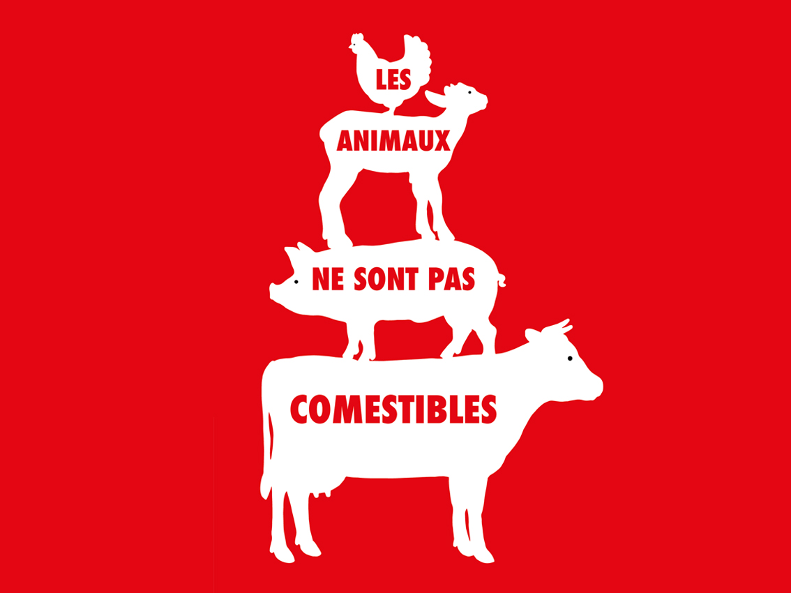 Illustration représentant une vache, un cochon, une chèvre et un poulet empilés verticalement sur un fond rouge vif avec le texte français « Les animaux ne sont pas comestibles ». Cette pièce de design graphique saisissante invite à la réflexion, faisant écho à l'élégance naturelle du vin naturel.