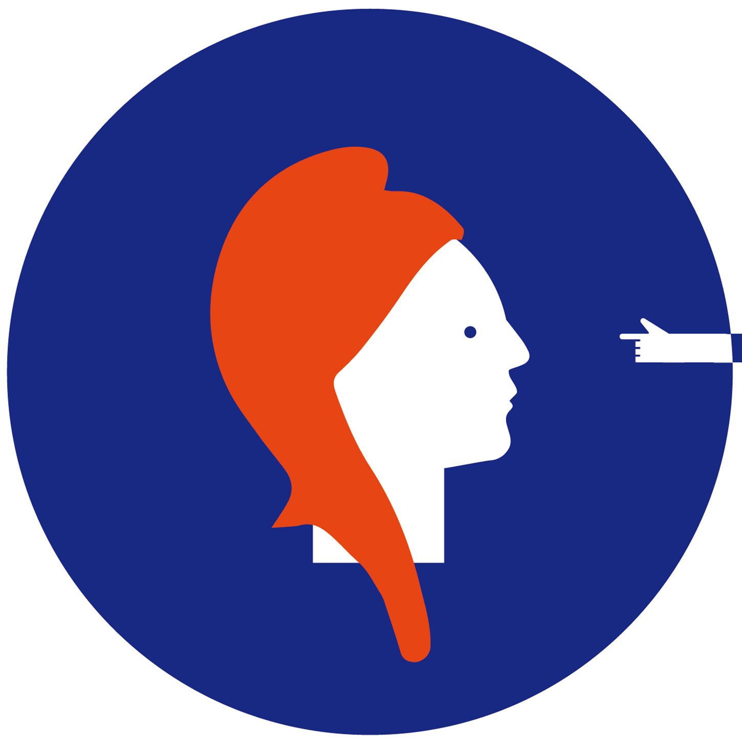 Illustration d'un profil de silhouette blanche avec un chapeau rouge à l'intérieur d'un cercle bleu, complété par une main blanche pointée.