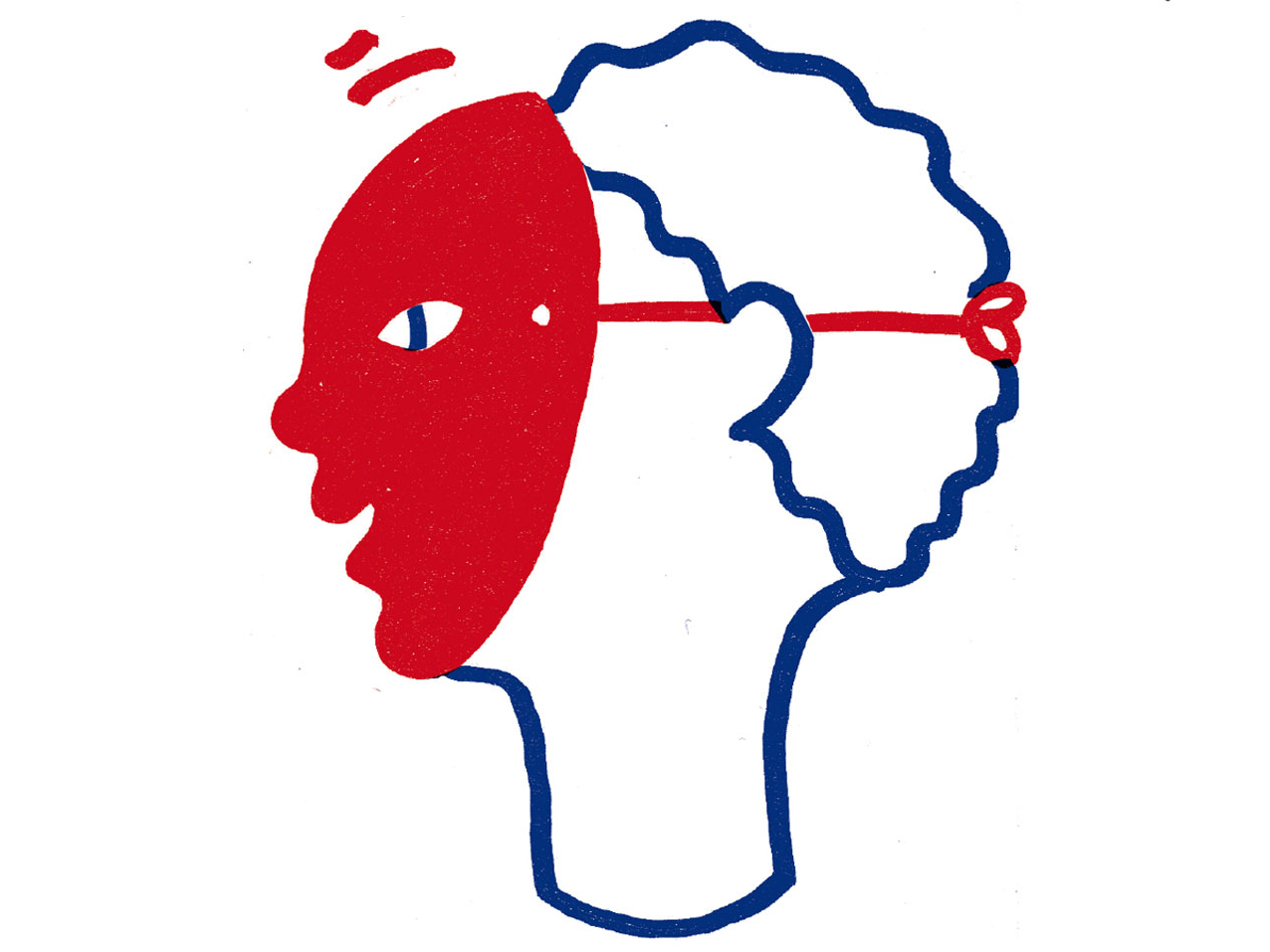 Illustration d'une personne portant un masque rouge, avec un contour bleu de la tête et des cheveux bouclés visibles, présentant un design saisissant.