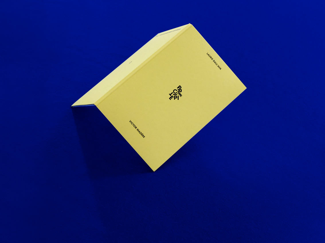 Une brochure jaune se dresse ouverte sur un fond bleu profond, affichant un texte abstrait et un symbole central rappelant un dessin de Laurence Chéné.