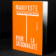 Couverture orange du livre intitulé "MANIFESTE POUR LA SAISONNALITÉ" de Laurence Chéné, présentant une illustration de râteau blanc.