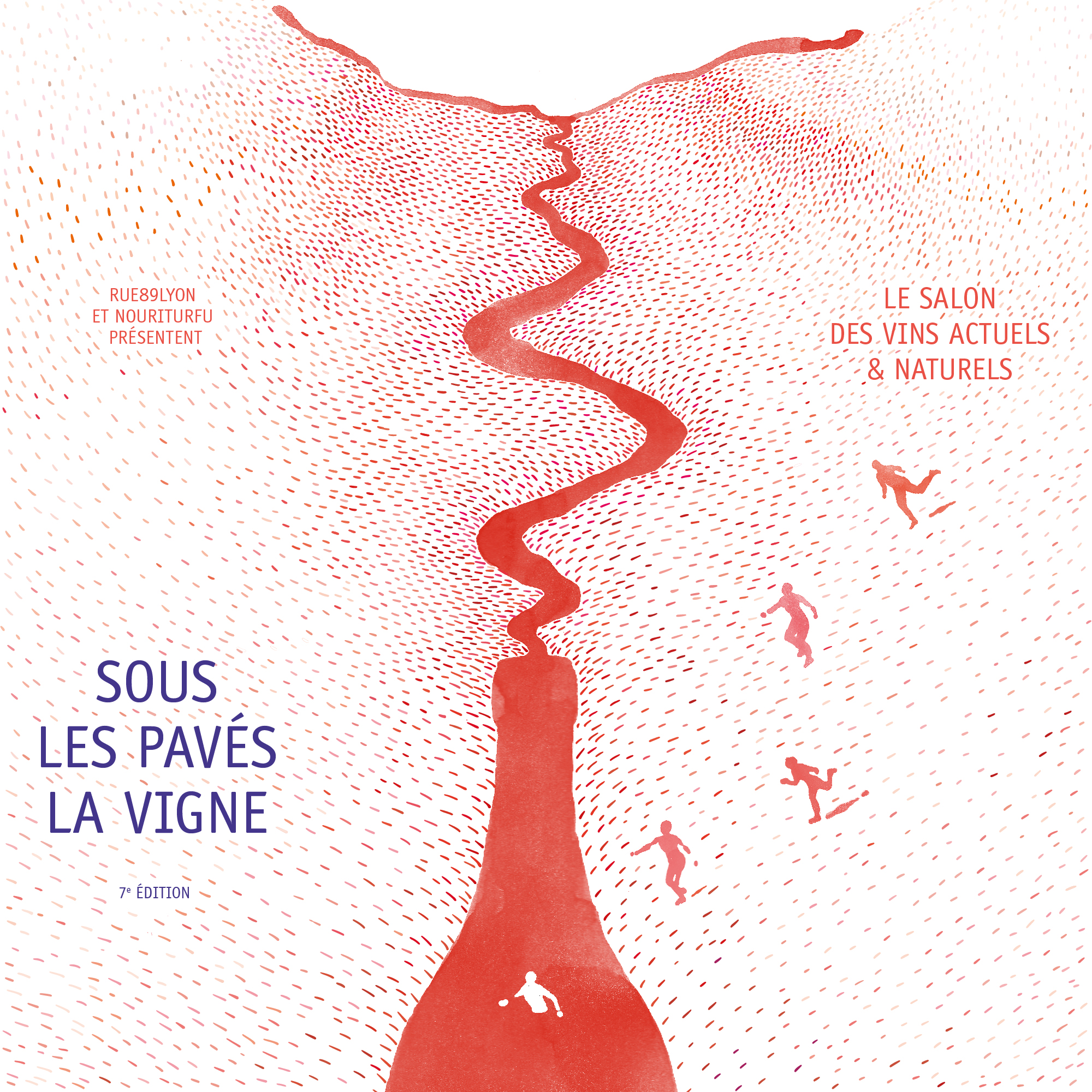 Une illustration fantaisiste présente une bouteille de vin dans laquelle se jette une rivière, entourée de skieurs et d'un texte français sur un événement lié au vin naturel.