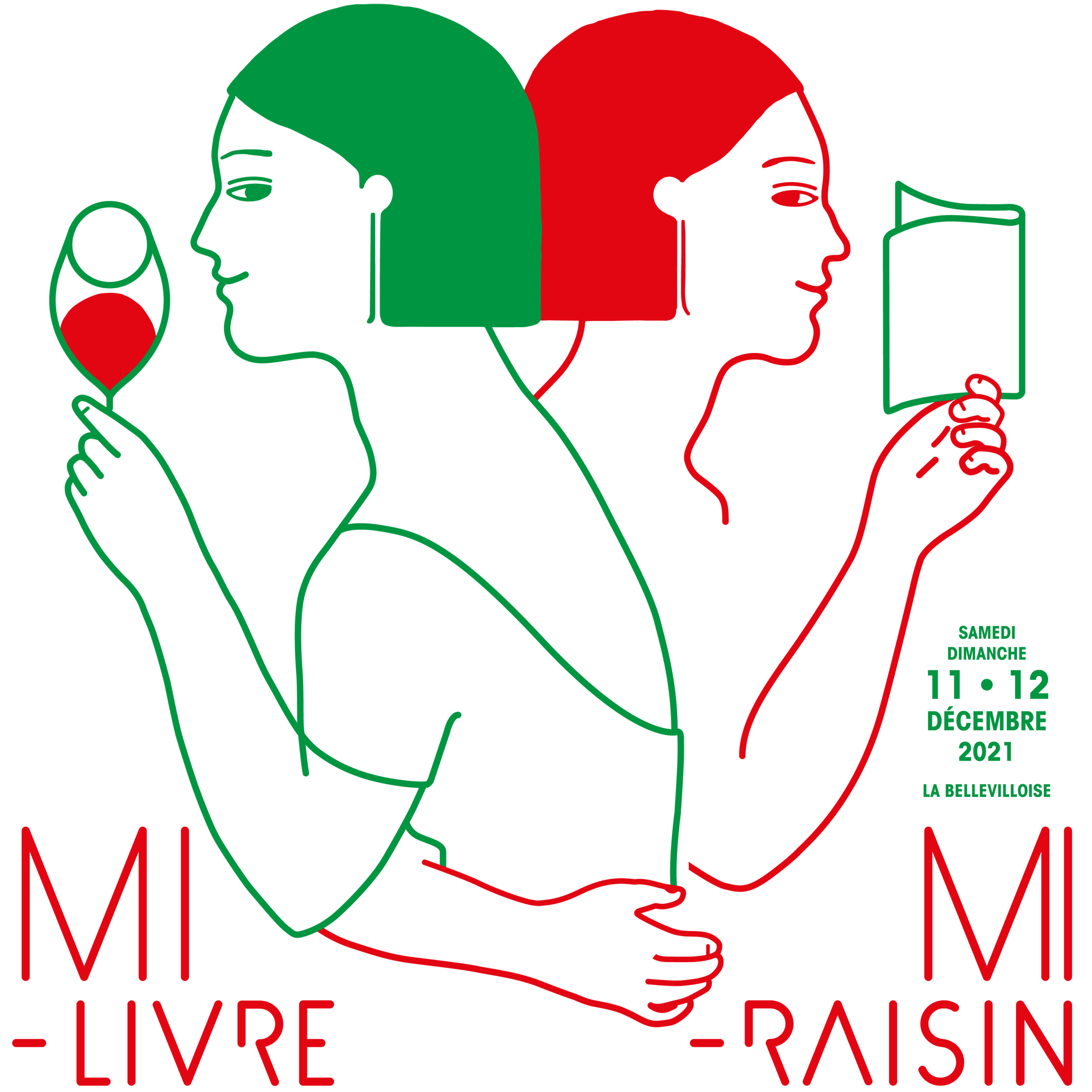 Deux personnages stylisés, l'un dans une illustration verte et rouge, tenant gracieusement un verre de vin tandis que l'autre serre un livre. Le texte dit « Mi-Livre Mi-Raisin », avec les détails de l'événement en dessous.