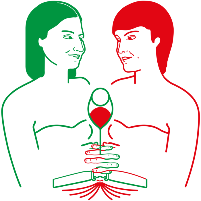 Deux personnes se tenant la main autour d'un dessin central stylisé, l'une en vert et l'autre en rouge, avec des seins dessinés dans un style simple et épuré.