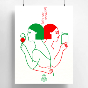 Illustration minimaliste de Laurence Chéné représentant deux personnages dos à dos, l'un tenant un verre de vin, l'autre un livre. Le dessin présente des lignes vertes, rouges et noires sur un fond blanc avec du texte en français.