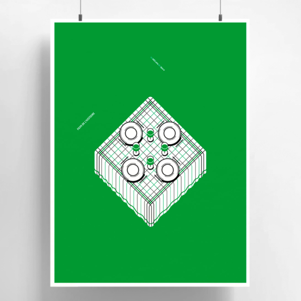 Une affiche d'art géométrique conçue par Laurence Chéné met en scène une grille blanche à motifs circulaires sur fond vert, élégamment suspendue par deux pinces.