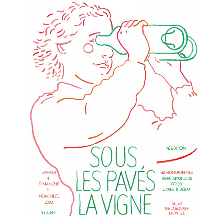 Affiche illustrée pour l'événement "Sous Les Pavés La Vigne" à Lyon, mettant en scène une personne regardant à travers un télescope. Le design dynamique comprend un texte coloré détaillant l'événement et célèbre le vin naturel avec une illustration accrocheuse.