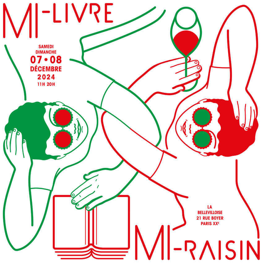 Illustration de deux personnes, l'une lisant un livre et l'autre buvant du vin, avec les détails de l'événement "Mi-livre Mi-raisin" à Paris les 7 et 8 décembre 2024.