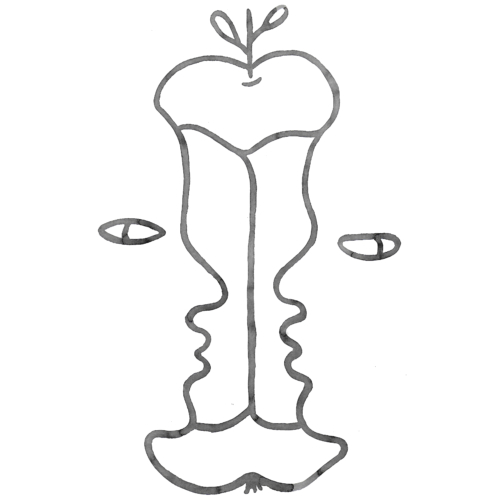 Dessin au trait d'un trognon de pomme avec deux yeux de chaque côté, créant une apparence symétrique et abstraite ressemblant à un visage.