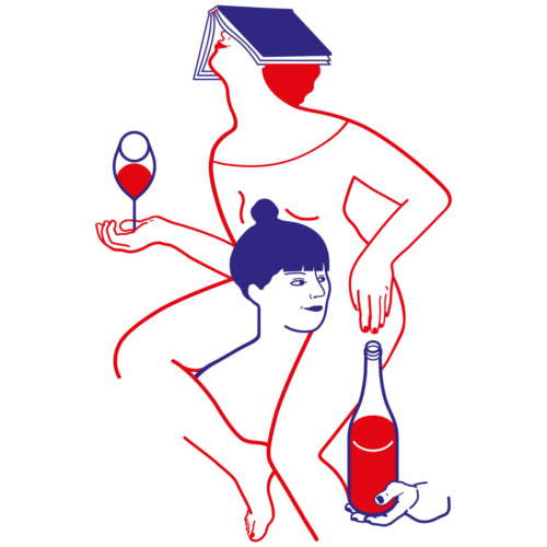 Dessin au trait minimaliste de deux personnages entrelacés, l'un avec un livre sur la tête et un verre de vin, l'autre avec une bouteille de vin.