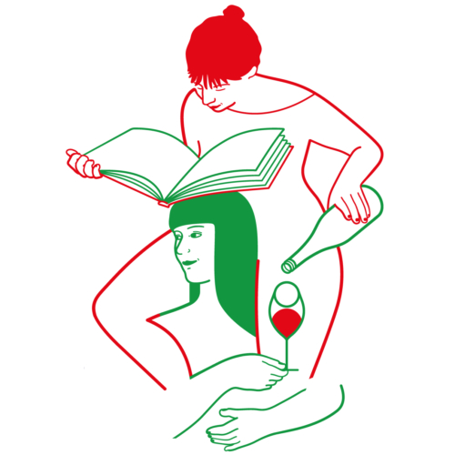 Deux figures abstraites : l'une lisant un livre et l'autre tenant un verre pendant que le vin est versé, créées avec des lignes rouges et vertes sur un fond blanc.
