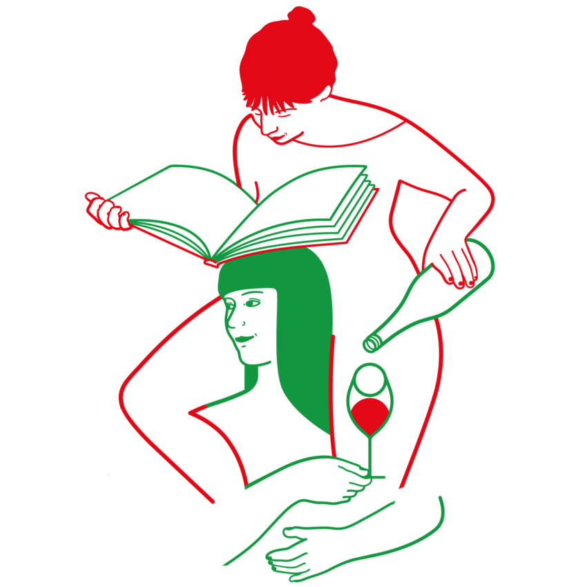 Deux figures abstraites : l'une lisant un livre et l'autre tenant un verre pendant que le vin est versé, créées avec des lignes rouges et vertes sur un fond blanc.