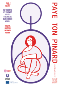 Affiche représentant une œuvre d'art abstrait mettant en scène une personne assise à l'intérieur d'un raisin. Le texte en français prône la lutte contre les violences de genre dans le secteur viticole, ainsi que le soutien, l'information et la formation. Le logo de l'Union européenne figure sur l'affiche.