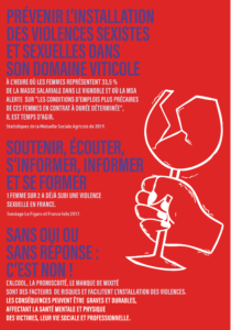 Affiche rouge comportant un texte en français sur la prévention des violences liées au genre dans les vignobles, sur laquelle figure le dessin d'un verre à vin blanc présentant une fissure irrégulière et une main agrippant le pied du verre.