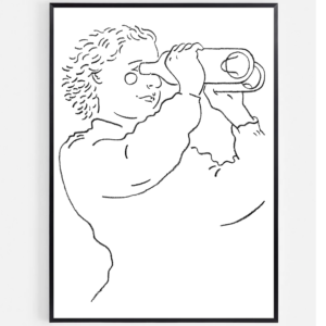 Affiche « Vin naturel » — « Binocular » (40 x 60 cm), une reproduction artistique bicolore Pantone représentant le dessin au trait d'une personne aux cheveux bouclés regardant à travers un morceau de papier enroulé comme s'il s'agissait d'un télescope, présentée dans un cadre noir.