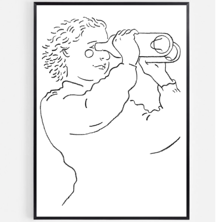 Affiche « Vin naturel » — « Binocular » (40 x 60 cm), une reproduction artistique bicolore Pantone représentant le dessin au trait d'une personne aux cheveux bouclés regardant à travers un morceau de papier enroulé comme s'il s'agissait d'un télescope, présentée dans un cadre noir.