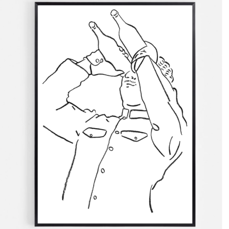 Dessin au trait tiré de l'affiche « Affiche vin naturel — « Binocular » », représentant une personne vêtue d'une chemise boutonnée tenant deux bouteilles à sa bouche, comme si elle buvait dans les deux en même temps.